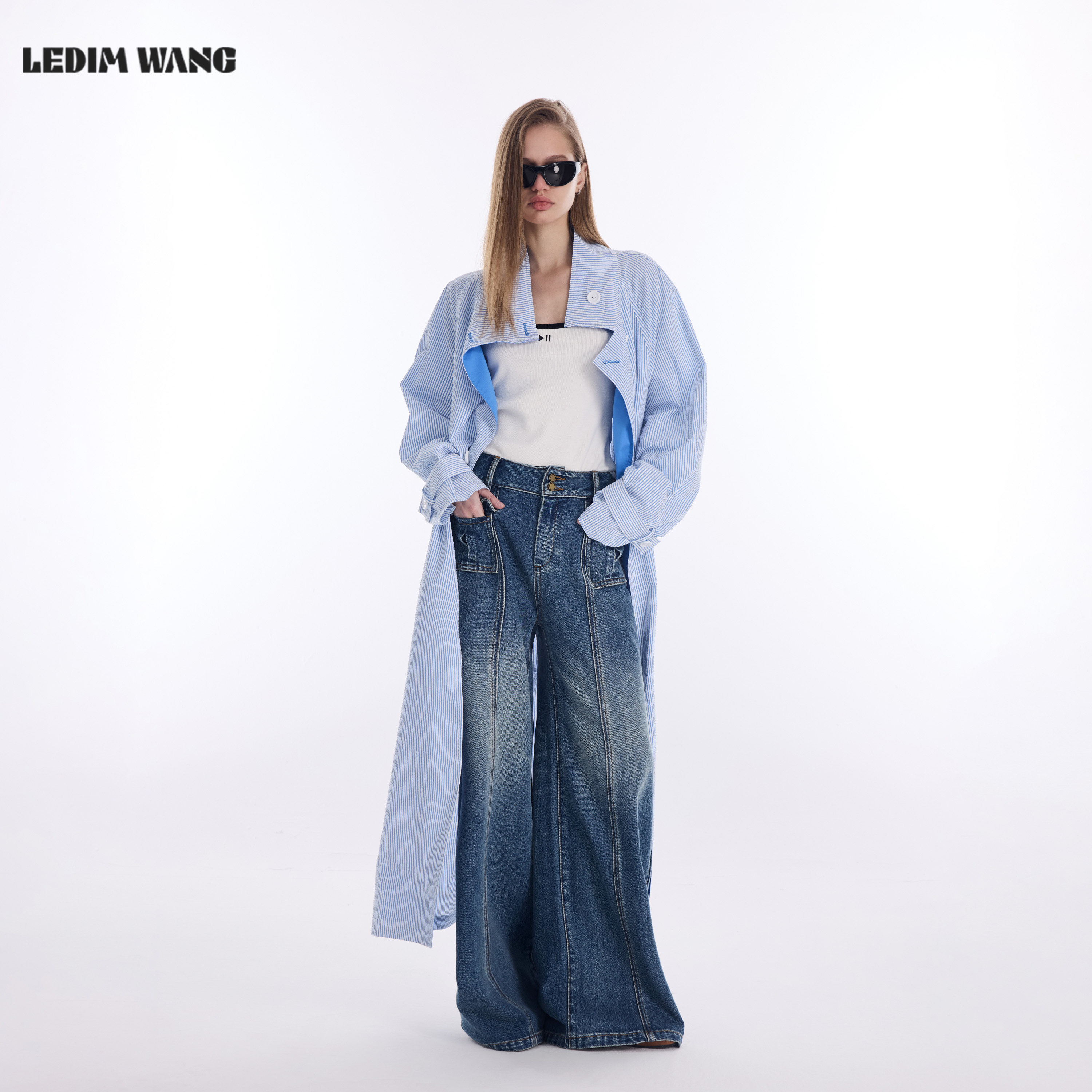 LEDIM WANG蓝白条纹风衣女2026春季新款海军风长袖撞色长款外套