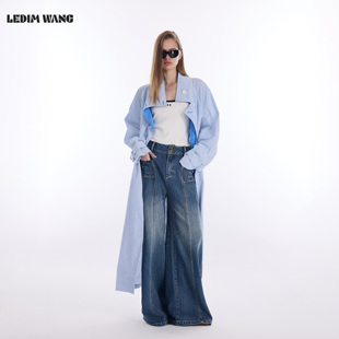 撞色长款 LEDIM 海军风长袖 新款 外套 WANG蓝白条纹风衣女2026春季