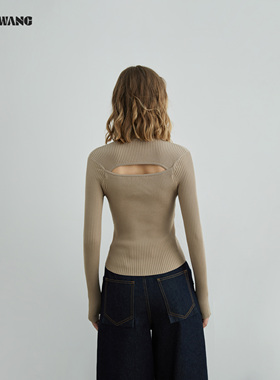 LEDIM WANG琥珀流光开衫针织衫女2025秋冬新款卡其色U领长袖上衣