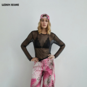 WANG白标 渐变烫钻网眼透视薄款 T恤女25秋新款 LEDIM 长袖 套头上衣