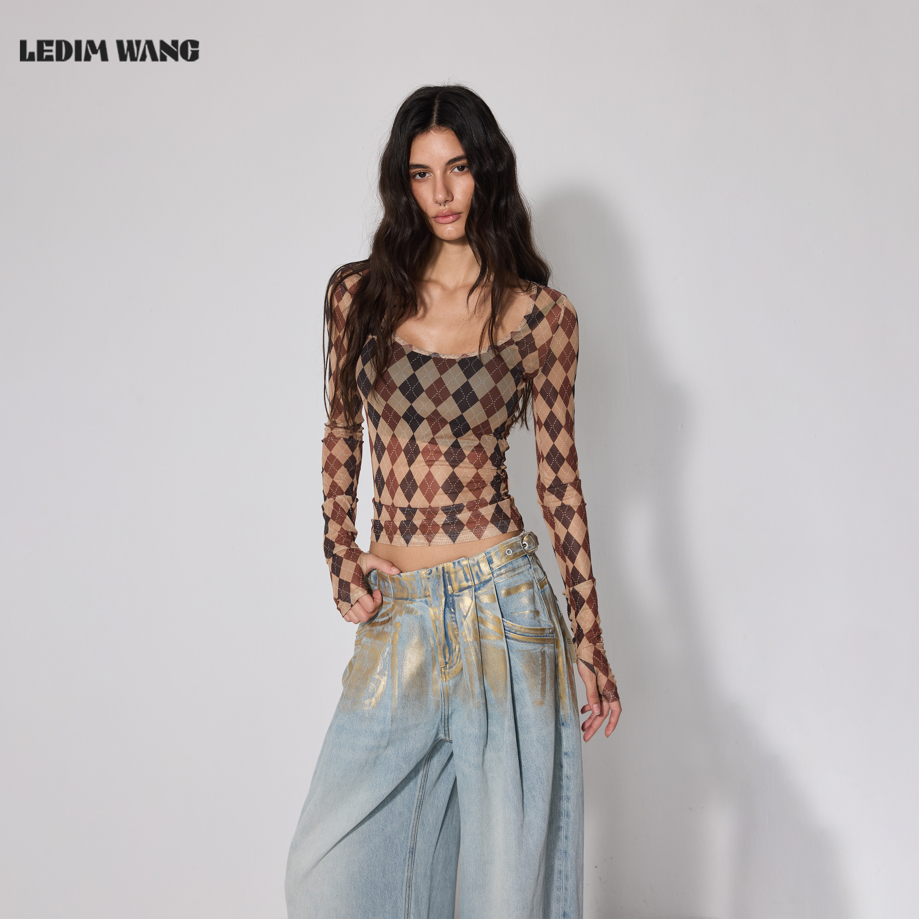 LEDIMWANG美式复古菱格印花T恤图片
