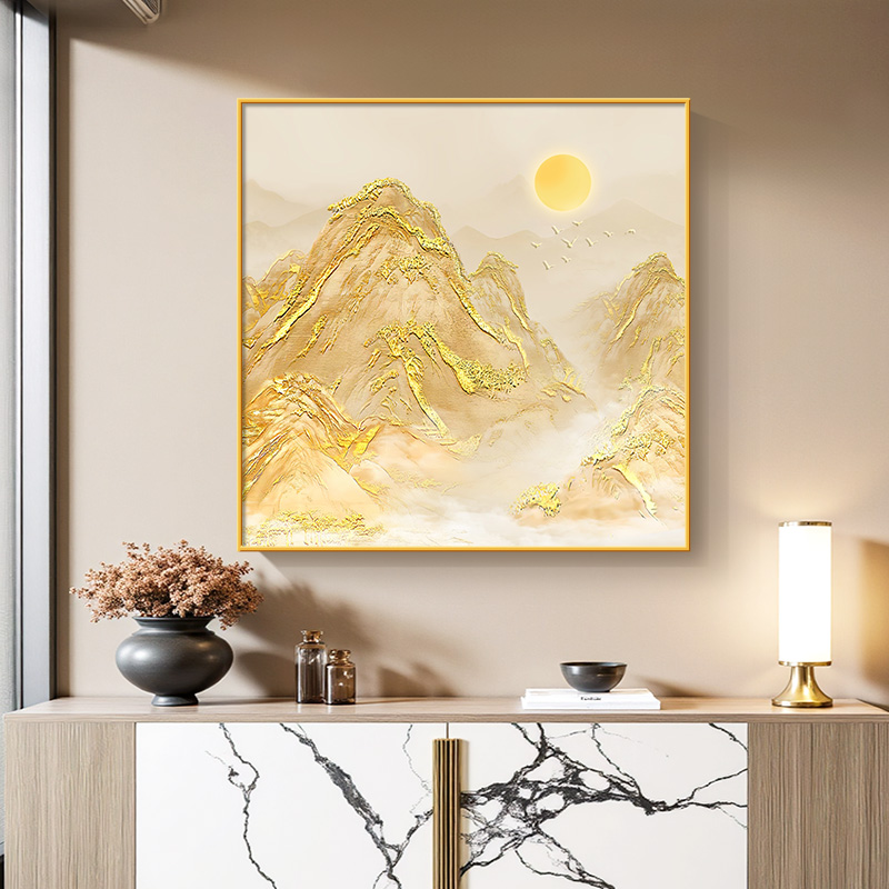 日照金山方形斗柜装饰画现代简约高级感金箔客厅挂画背有靠山壁画图片