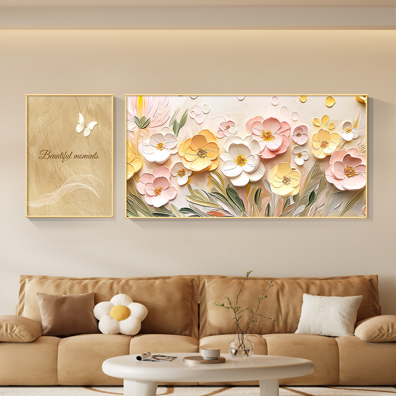 奶油风花卉大白墙装饰画立体肌理感蝴蝶挂画温馨沙发背景墙两联画图片