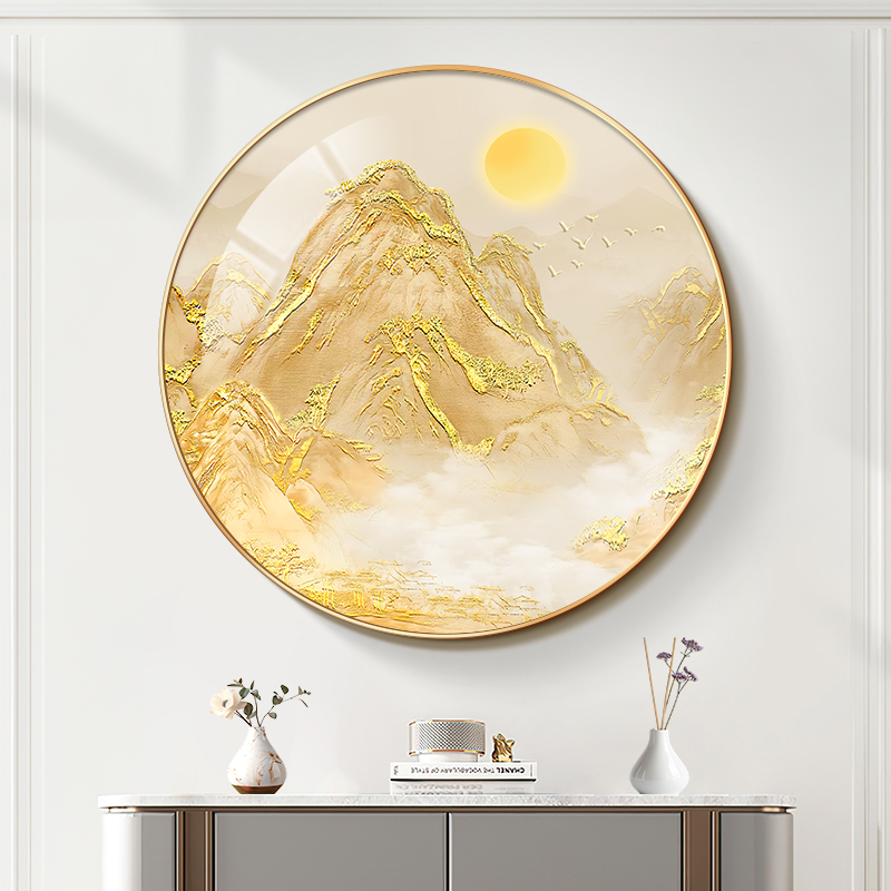 日照金山入户门正对墙挂画高档大气圆形客厅装饰画背有靠山玄关画图片