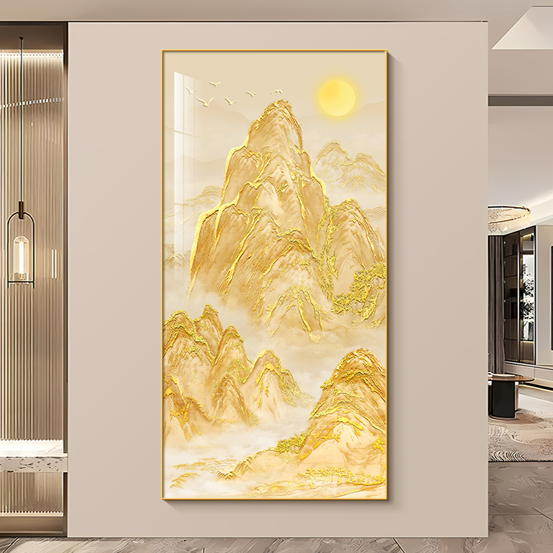 日照金山玄关装饰画现代简约高档金箔楼梯间挂画背有靠山客厅壁画图片