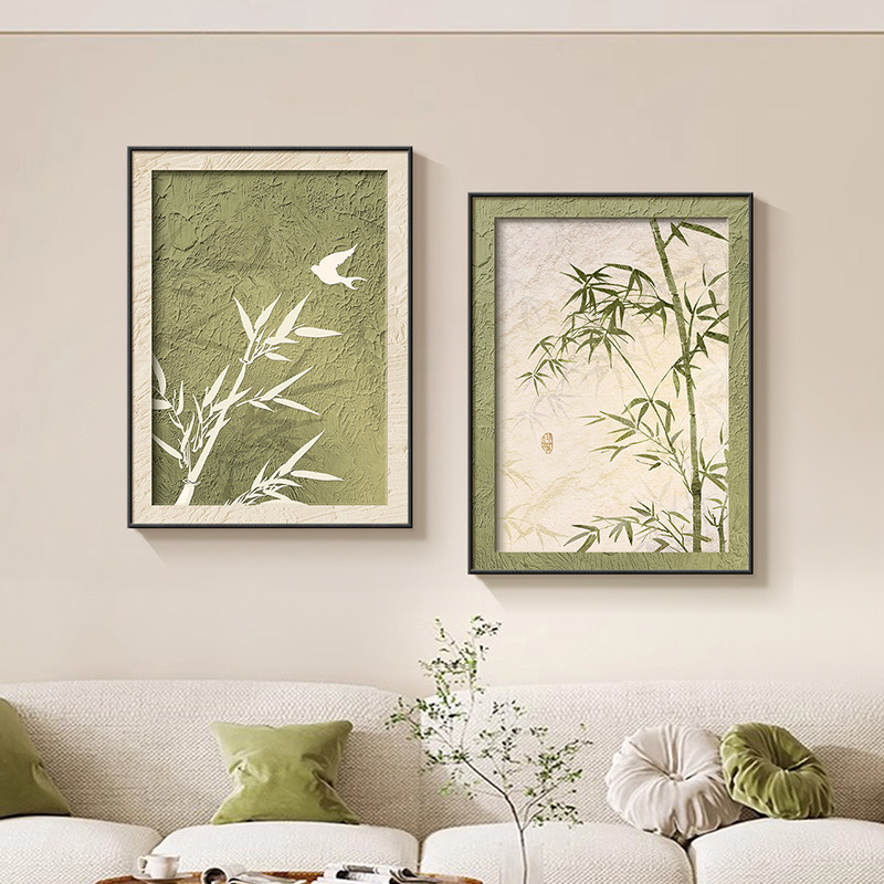 竹报平安饭厅两联组合装饰画 画现代简约高级感竹子床头挂画 画客