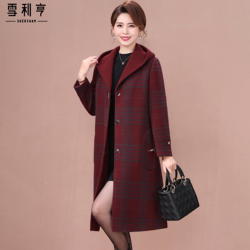 好货中年妈妈上衣中长款连帽款格纹毛呢外套女2025冬复古保暖羊毛