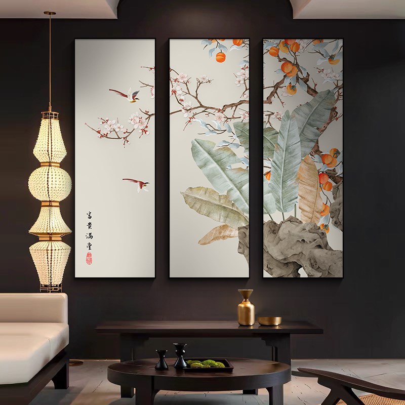 好货柿子图新中式客厅装饰画竖版组合沙发背景墙挂画餐厅茶室三联