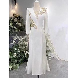 白色主持人晚礼服端庄大气声乐艺考独唱演出服女歌手高端轻奢小众