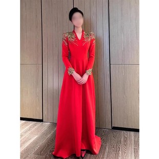 红色主持人礼服女端庄大气秋冬长袖声乐艺考音乐生独唱演出服高端