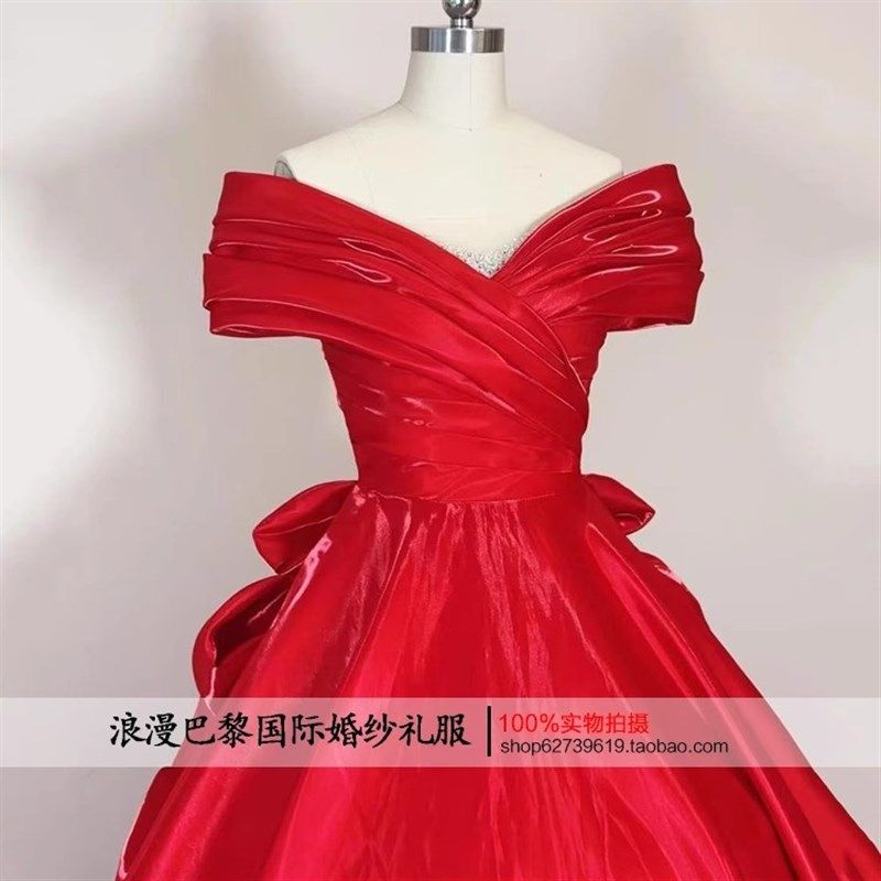 红色缎面一字肩婚纱礼服2025端庄大气舞台表演声乐新娘结婚蓬蓬裙,女装/女士精品,礼服/晚装,淘宝优惠券,粉丝福利购,淘宝优惠卷