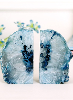 简约现代蓝色玛瑙切割书档书立书靠中号样板房书房装饰摆件