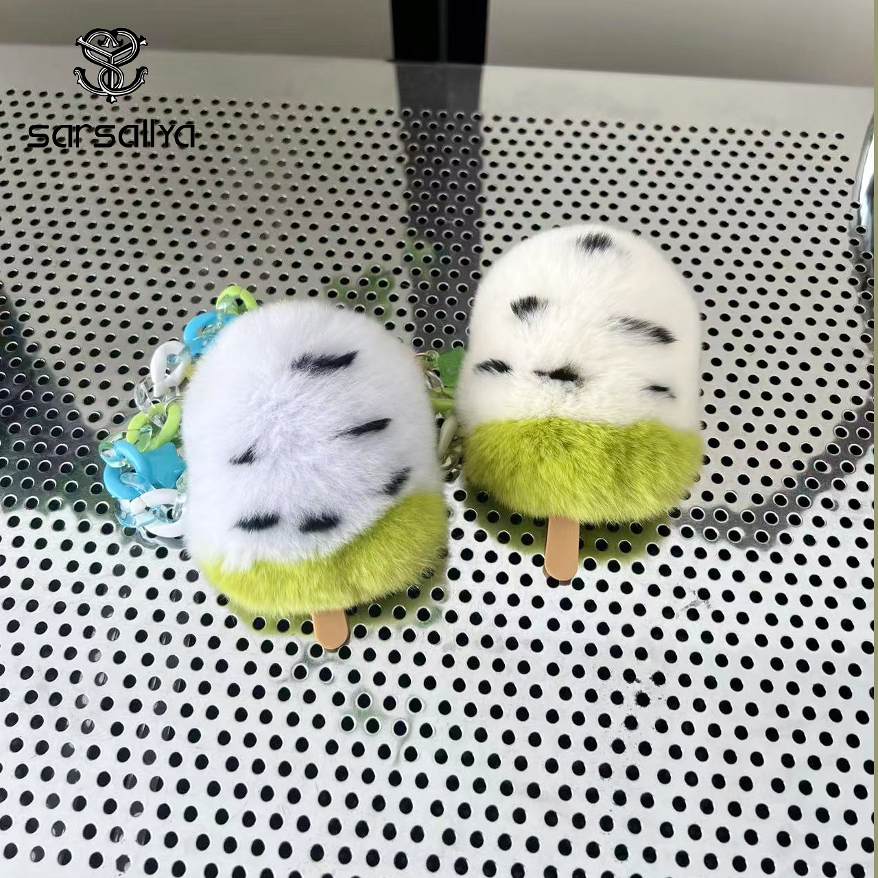 【饰你自制】獭兔毛可爱雪糕真毛汽车挂件毛绒玩偶包包钥匙扣