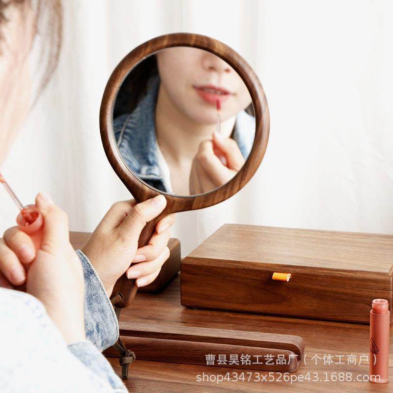 木框圆镜手持木质化妆镜复古黑胡桃实木美妆镜梳妆镜镜子复古风