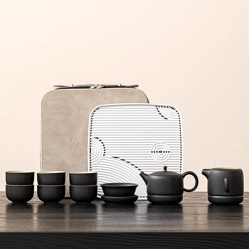 黑陶旅行茶具套装带茶盘轻奢家用功夫喝茶杯户外便携式陶瓷泡茶壶