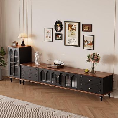 中古风电视柜茶几组合小户型客厅家用法式新款黑色实木复古储物柜