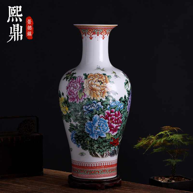 大号釉上彩牡丹落地花瓶批发