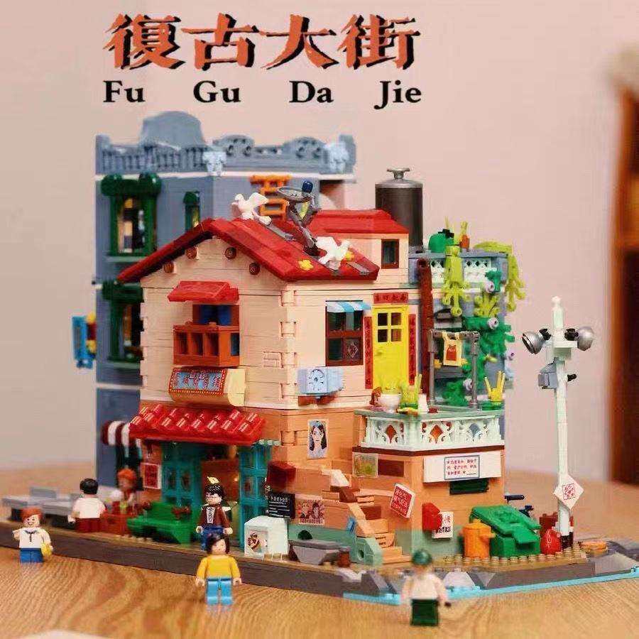 哲高612015复古街景建筑怀旧老红砖古厝别墅模型儿童拼装积木装饰