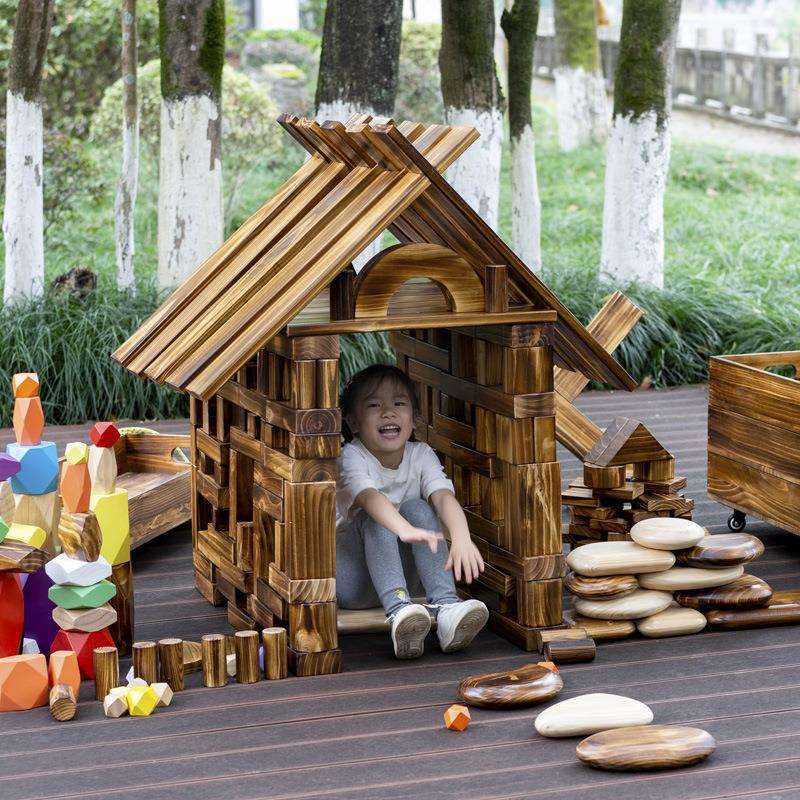 幼儿园超大型户外构建室内实木碳化炭烧木质积木中大班搭建教玩具