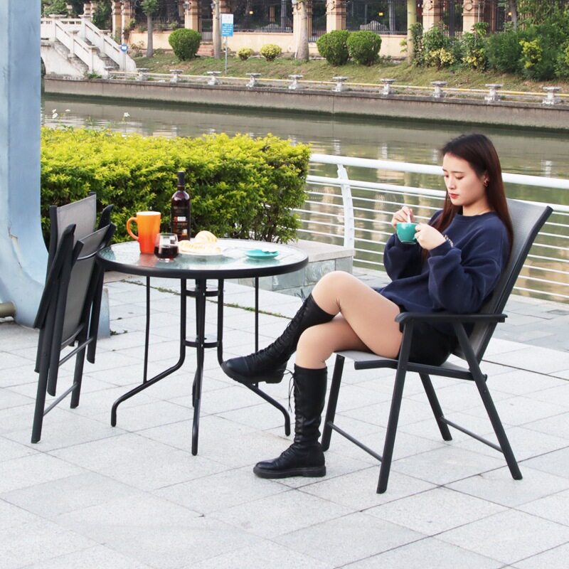 户外庭院带伞桌椅室外家用铁艺靠背椅子奶茶店茶馆阳台休闲折叠椅