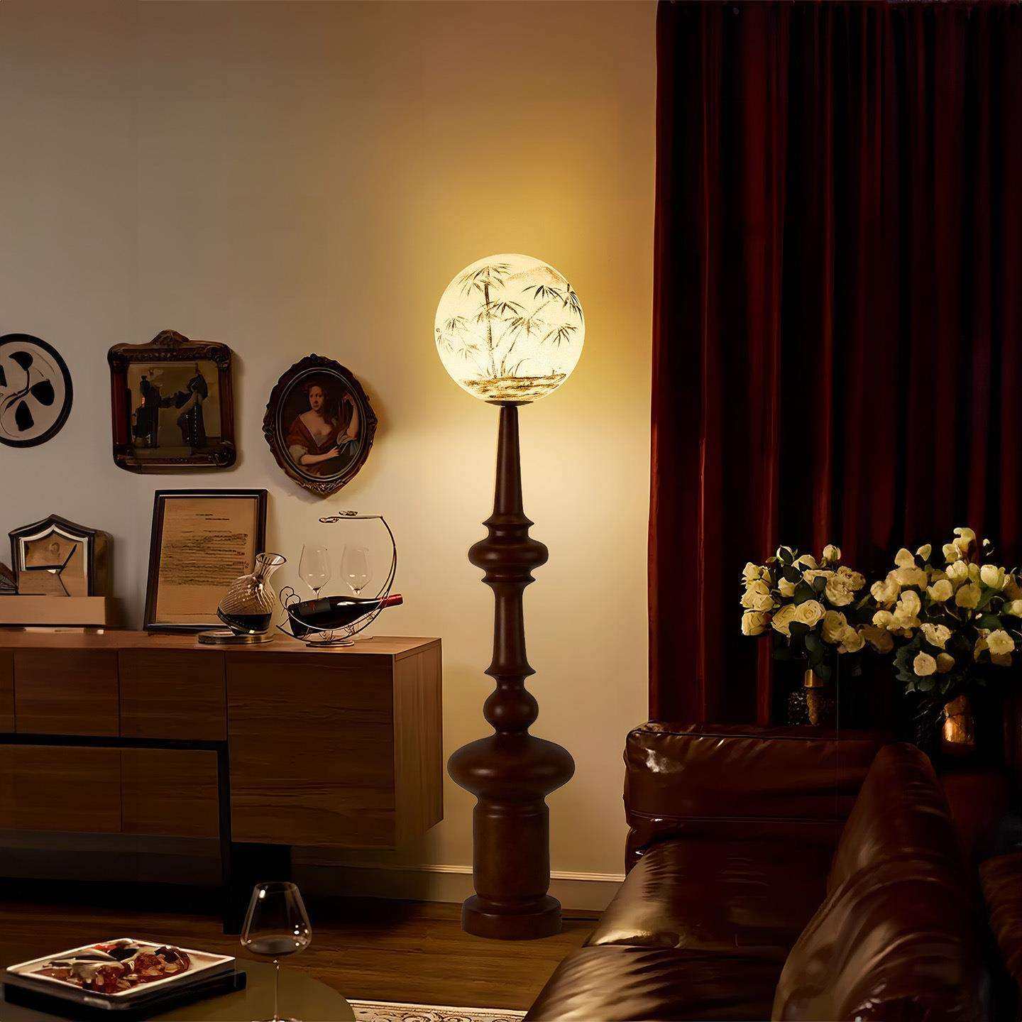 宋式美学落地灯客厅沙发罗马柱中古风复古胡桃色卧室灯床头落地灯