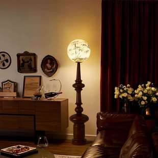 宋式美学落地灯客厅沙发罗马柱中古风复古胡桃色卧室灯床头落地灯