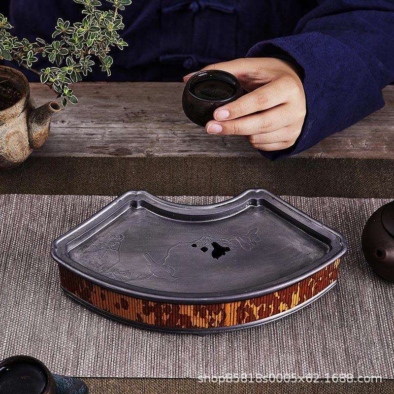 中式湘妃竹复古锡壶承家用储水干泡盘茶盘茶海干泡台茶承茶台托盘