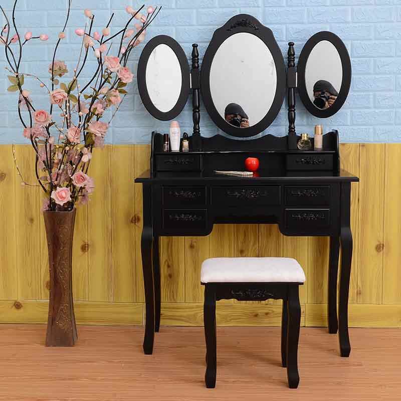 欧式梳妆台卧室储物公主化妆镜配套家具工厂直销化妆台三镜七抽