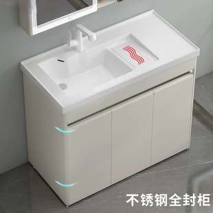 304不锈钢洗衣柜带右边搓衣板台盆一体落地式洗衣池阳台洗手水槽