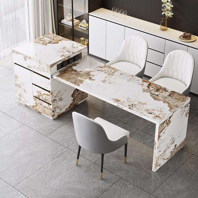 岩板岛台餐桌一体可伸缩开放式厨房轻奢倒台多功能导台白色中岛台