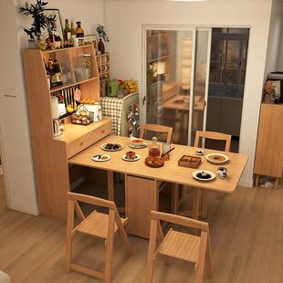 餐桌日式折叠餐边柜一体可伸缩带轮小户型靠墙原木色岛台家用桌w&