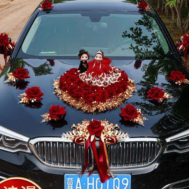 婚车装饰品全套装副车头花新娘结婚礼布置创意红色迎亲花车队