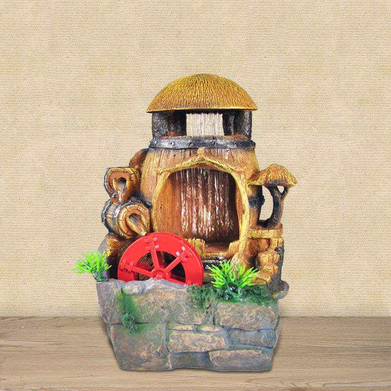 流水生财创意田园石头假山雨帘草屋流水喷泉家居摆件