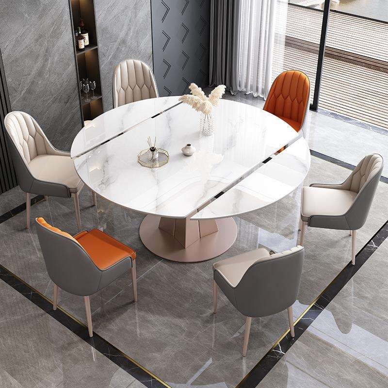 轻奢岩板餐桌椅组合简约现代小户型旋转折叠方圆两用可伸缩变圆桌