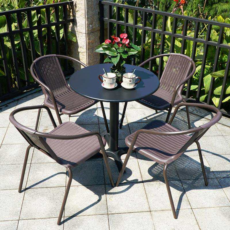 户外椅子靠背仿藤铁艺休闲三件套庭院棋牌围椅小茶几桌椅带伞组合