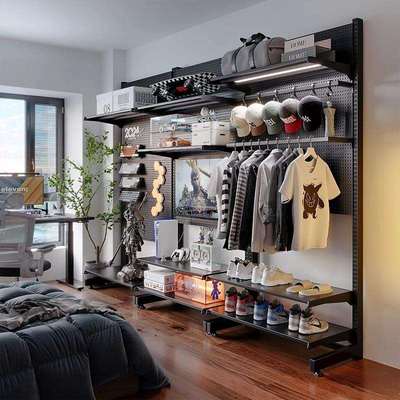 立式洞洞板置物架落地免打孔金属衣柜男生卧室家用挂衣书房收纳架