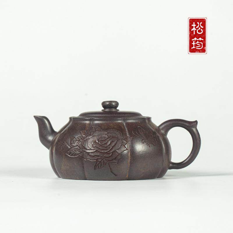 原矿云雾沉香柴烧纯手工刻绘筋纹南瓜200ML宜兴紫砂壶泡茶壶茶具