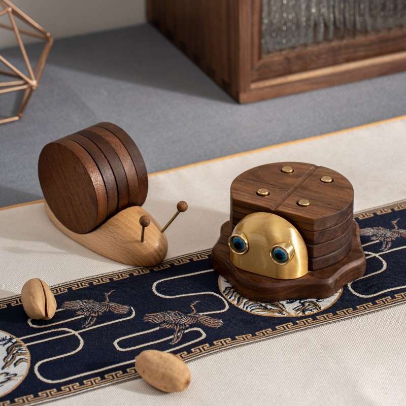 蜗牛实木杯垫隔热垫木质茶道茶垫茶托创意卡通茶具配件日式杯子垫