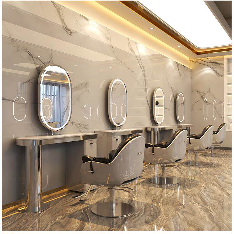 理发店双面镜台大理石美发镜子发廊专用剪发镜带灯不锈钢烫染桌