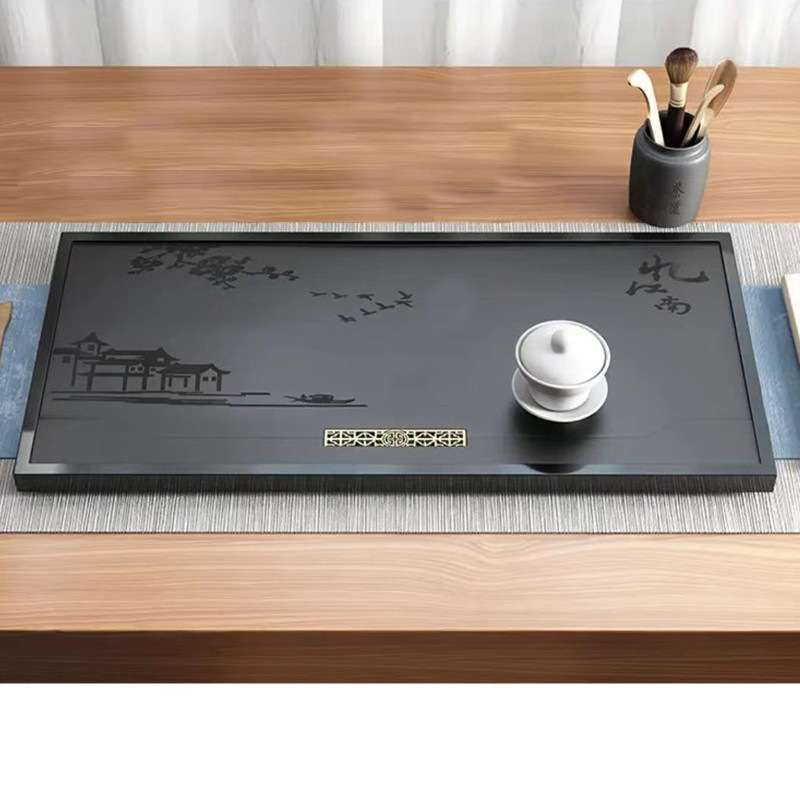 ?T9J5天然乌金石茶盘嵌入式家用泡茶盘整块黑金石排水石盘办