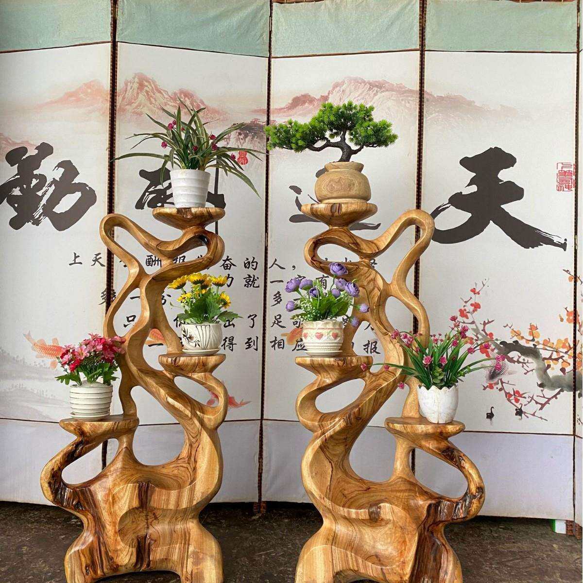 香樟木根雕实木花架盆景架落地置物架民宿洒店阳台客厅艺术摆件