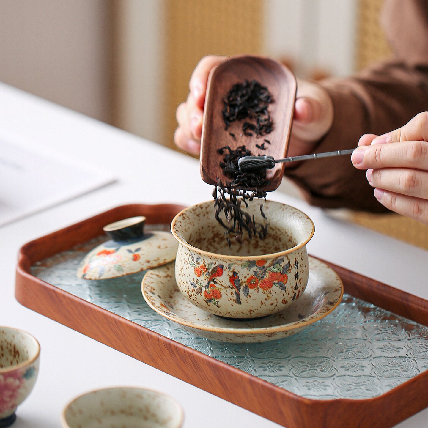 牡丹青花火石红三才盖碗茶碗家用大底托高档中式带盖底碟泡茶碗