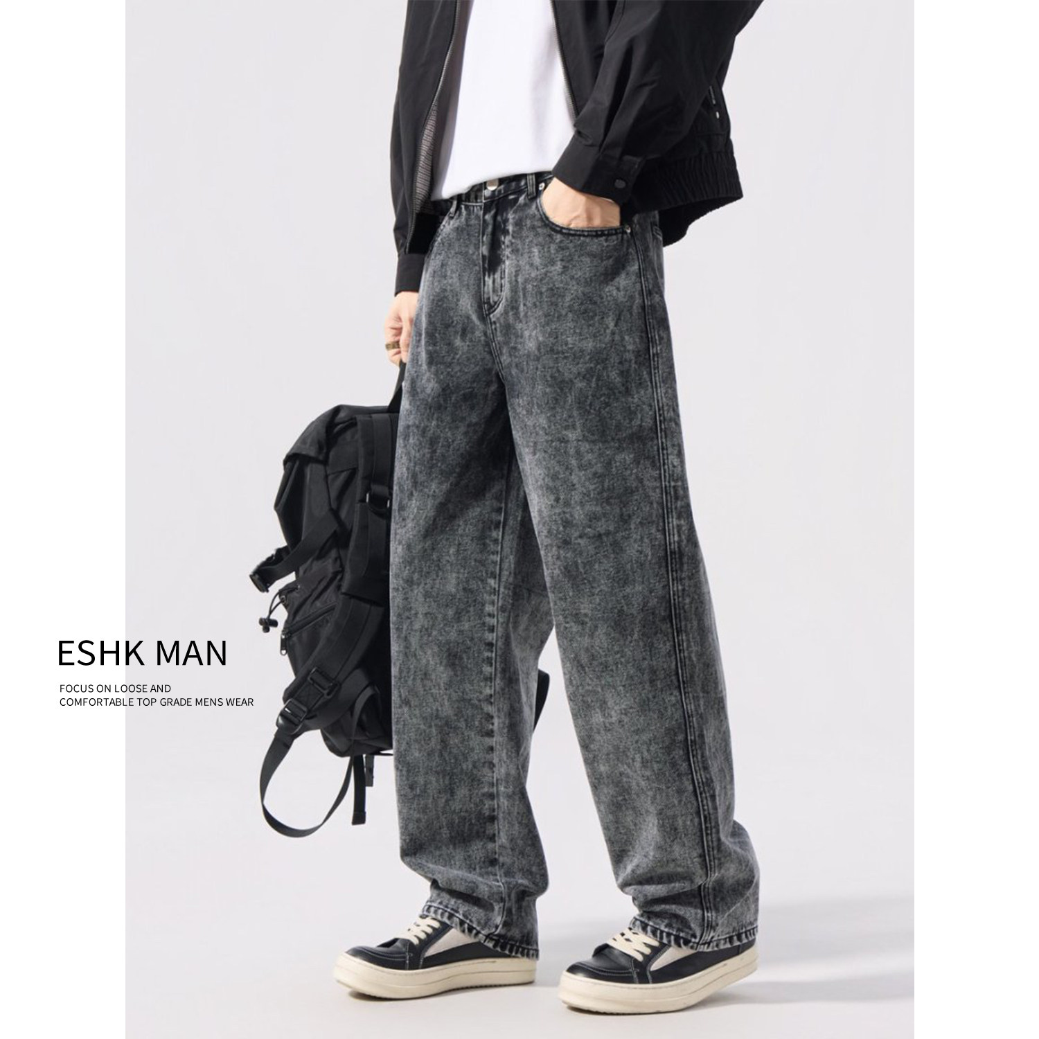 ESHK炒雪花做旧高街潮牌显高显瘦男式牛仔裤新款百搭宽松阔腿长裤