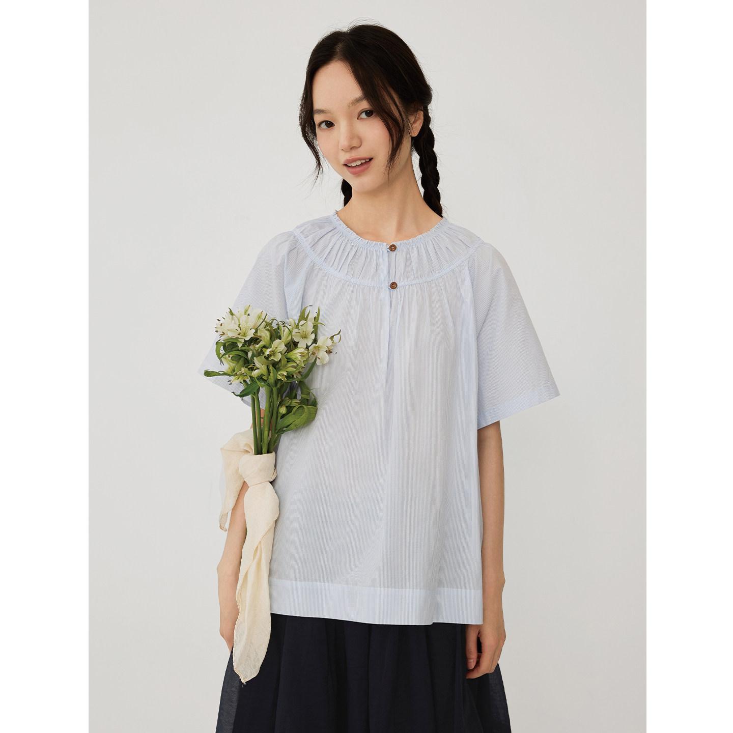 芥物所 Jevotique 日系色织条纹抽褶短袖衬衫女夏宽松复古上衣 - 实物图