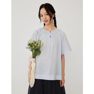 芥物所 Jevotique 日系色织条纹抽褶短袖衬衫女夏宽松复古上衣