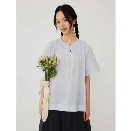 芥物所 Jevotique 日系色织条纹抽褶短袖衬衫女夏宽松复古上衣