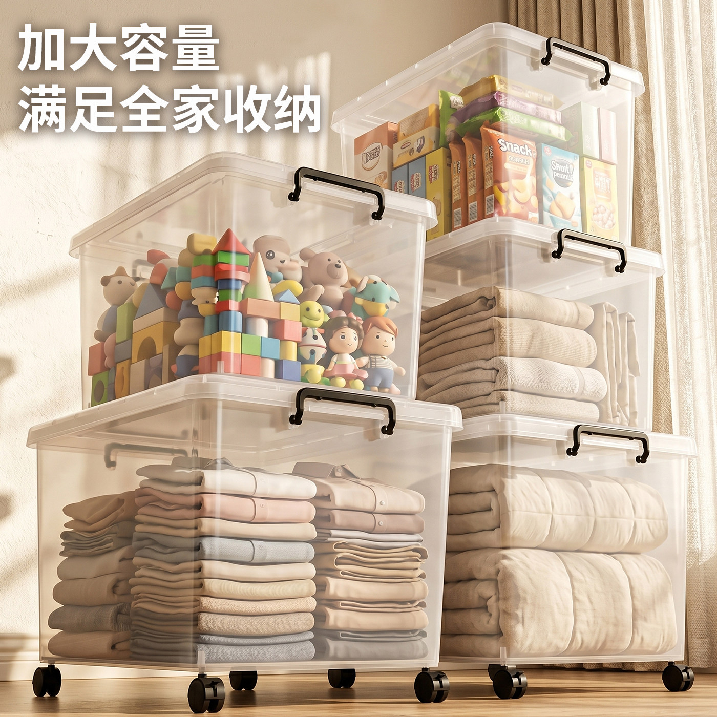 洋洋鱼透明收纳箱塑料大容量衣物被子整理箱万向轮带盖防尘储物箱