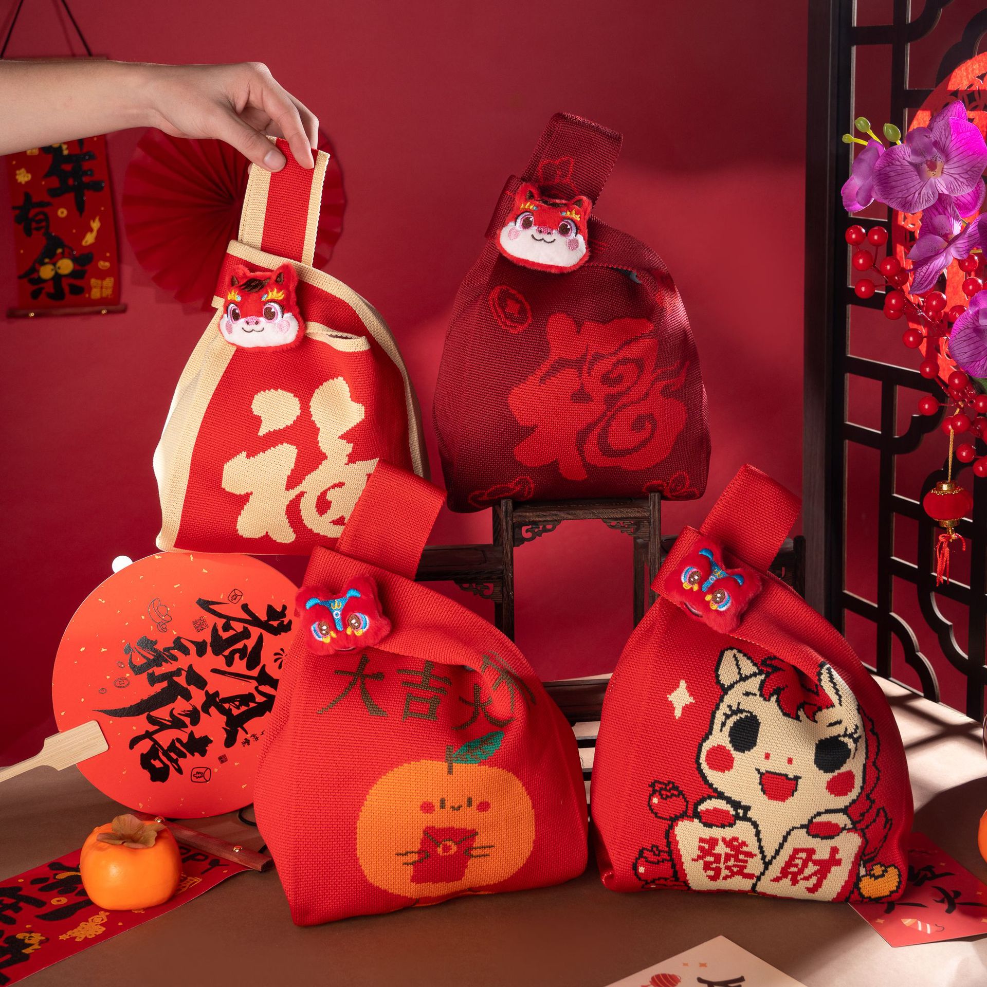 马年针织伴手礼手提袋红色手提包