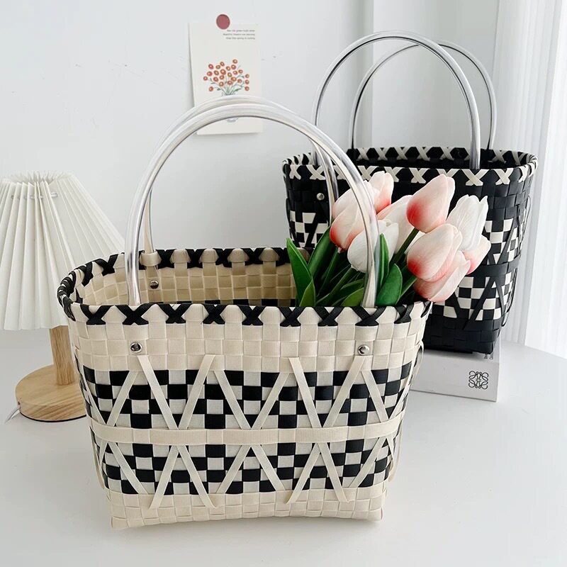 菜篮子手工编织迈时尚编织手提包塑编敞口购物袋日常百搭收纳篮