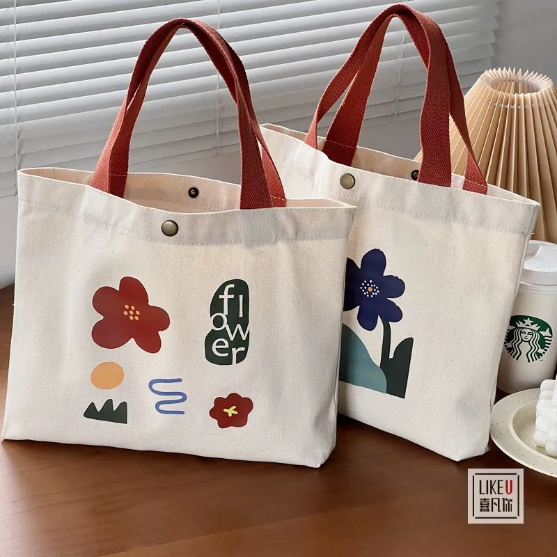 原创设计欧式手绘插画花朵单肩手提包文艺简约复古便携帆布袋